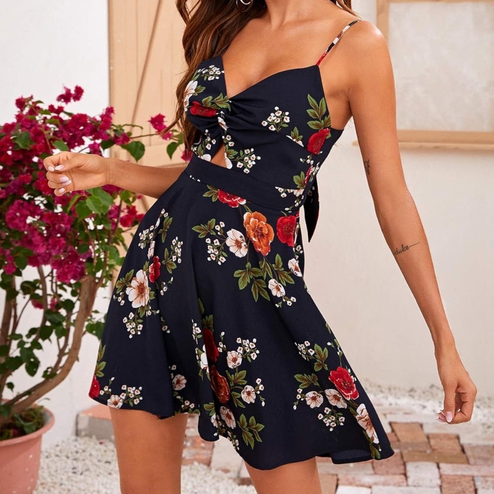 Floerns Women's Boho Floral Print Twist Front Cami A Line Mini Dress - Picture 7 of 9